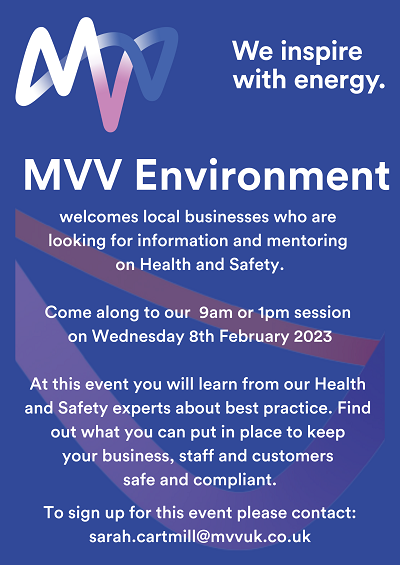 MVV Environment Health and Safety Event Flyer.  Sessions take place on the 8th of February at 9am or 1pm.